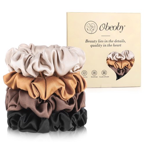 4 Pack Mulberry Silk Scrunchies, Brown Silk Hair Ties for Hair Sleep No Damag Satin Scrunchies Gifts for Mom Wife
