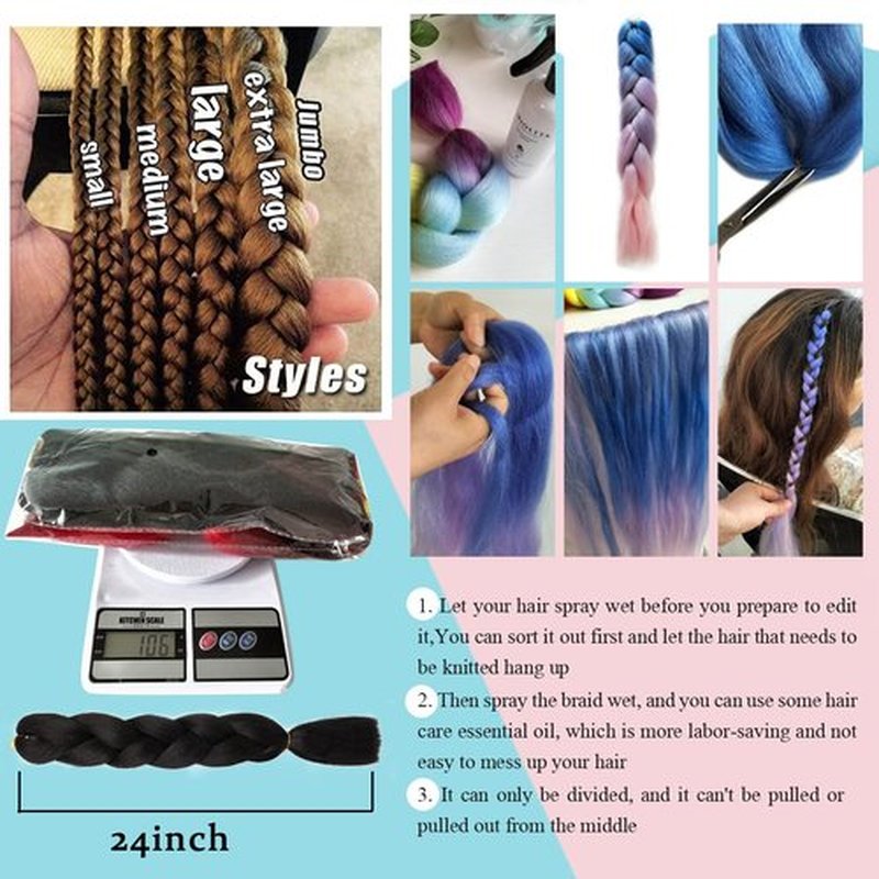 Rainbow Pre Stretched Braiding Hair Extensions Multi Color Braiding Hair 24inch 3Pcs Synthetic Colored Hair Extensions #Pink-deep purple-blue-green
