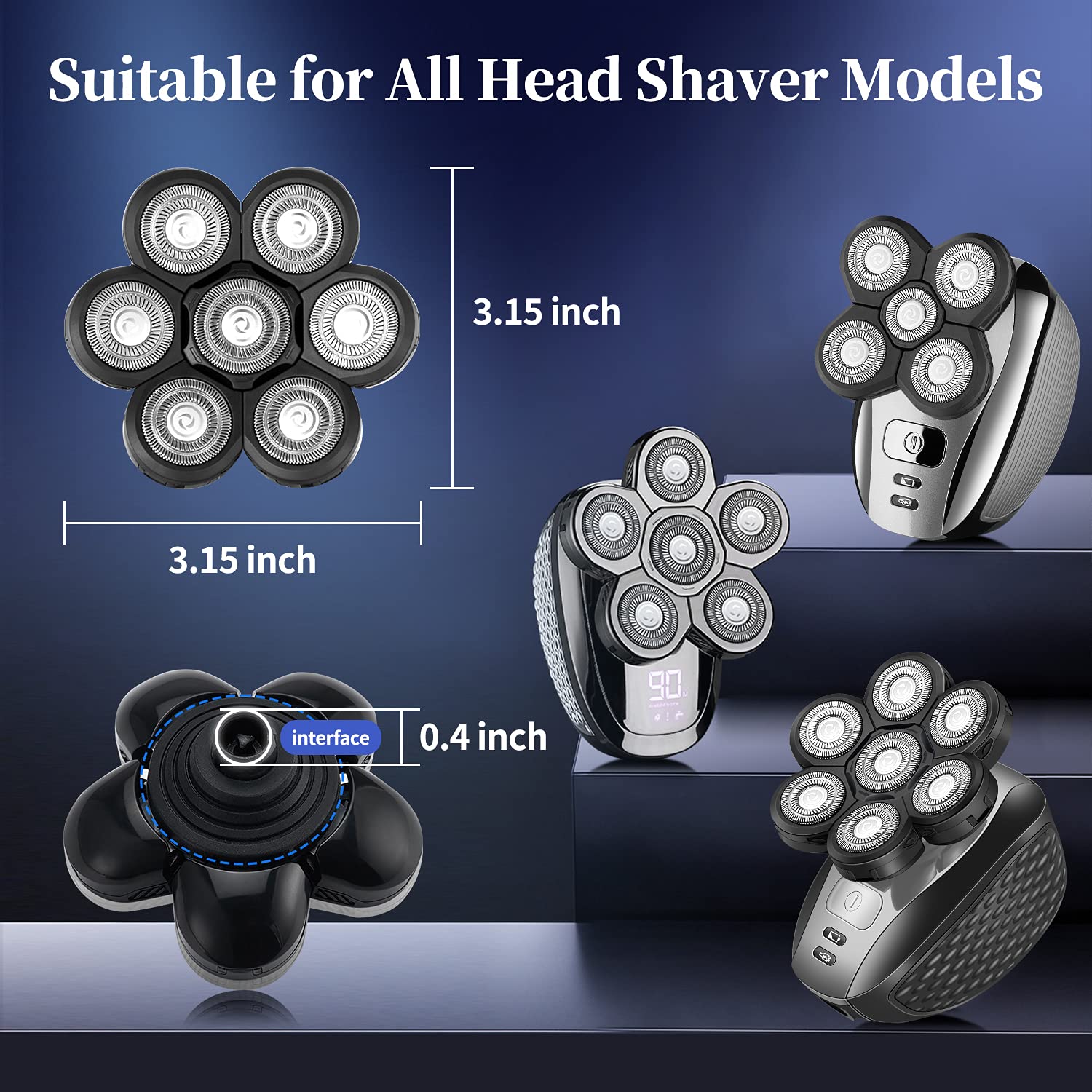 Electric Shaver Replacement Head Upgraded 7D Mens Electric Shaving Head Freedom Bald Shavers Blades Wet & Dry Electric Razor Floating Replacement Heads Close Head Shavers Replacement Blades (Gray)