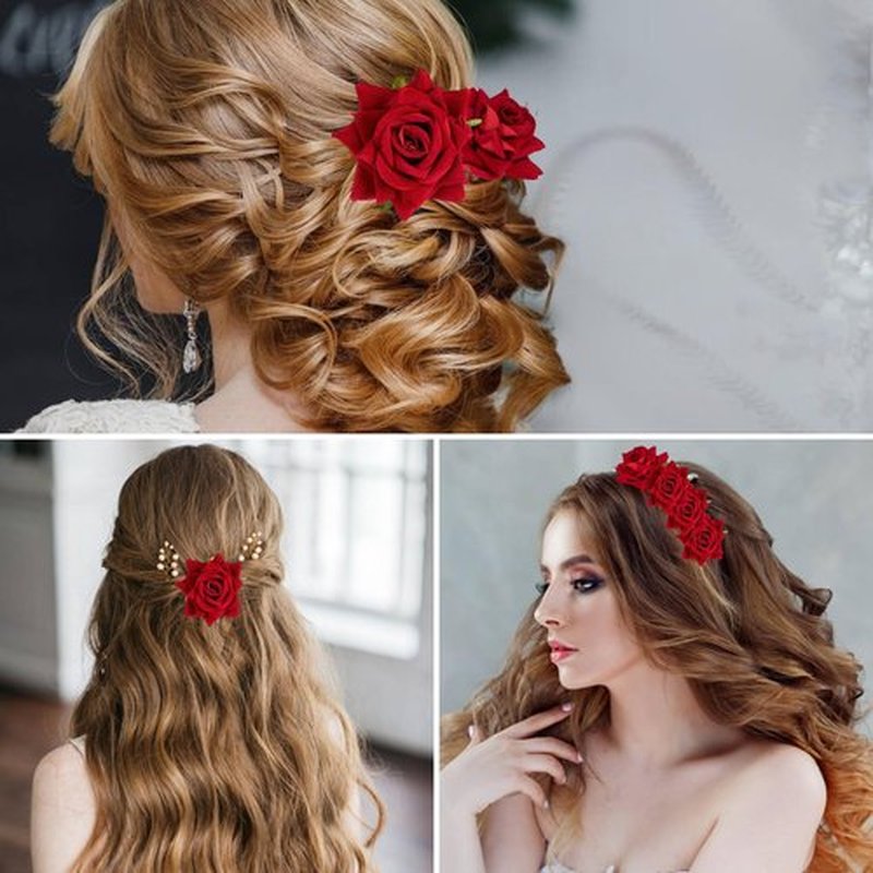 ASTRYAS 4 Pieces Red Rose Flower Hair Clip Bridal Hair Pins Rose Brooch Mexican Flower Hair Accessories for Party Wedding Flamenco Dancer, Christmas Gift for Women