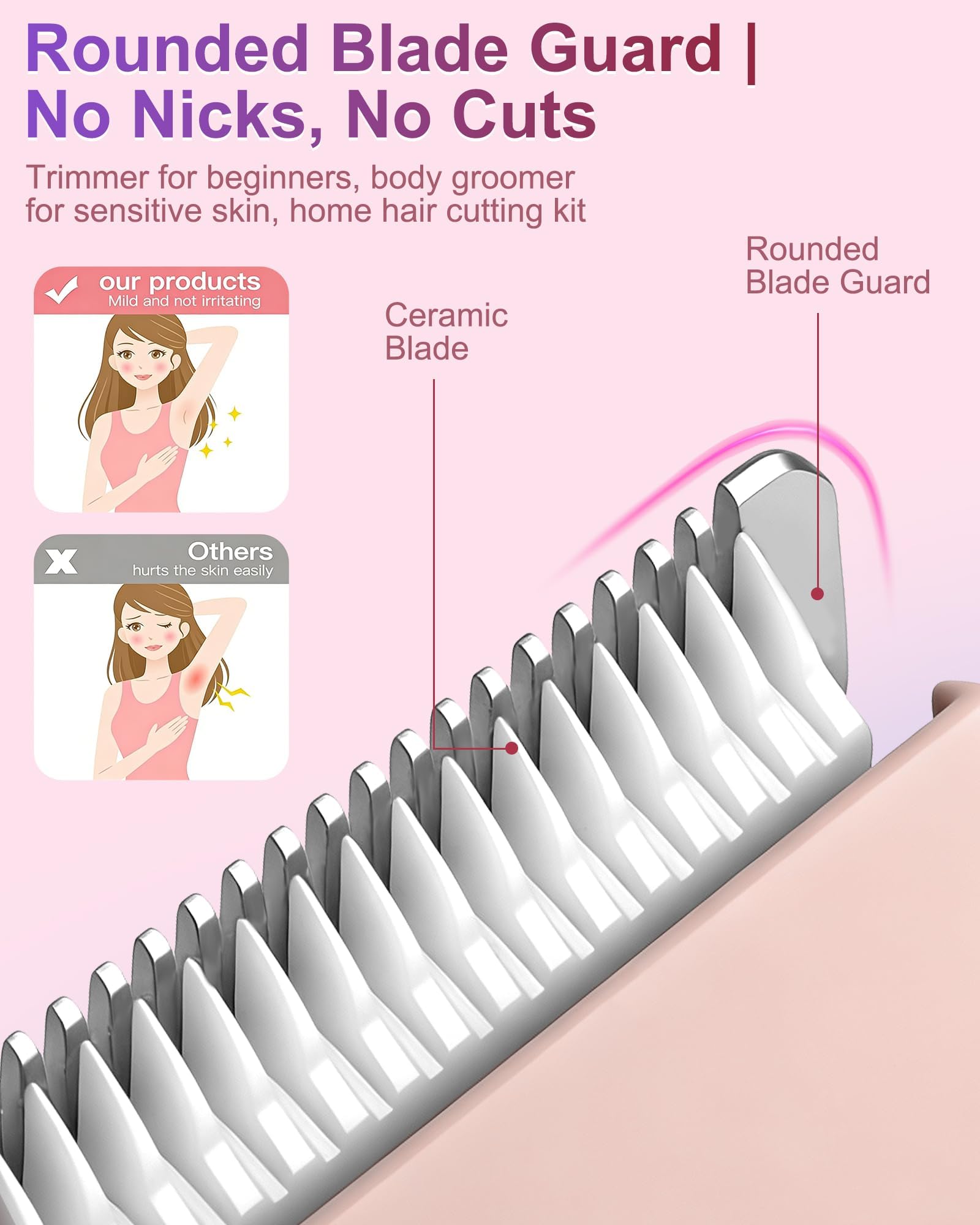 2-in-1 Bikini Trimmer for Women, Waterproof Painless Body Shaver for Legs, Underarms, Bikini Line with Narrow & Wide Ceramic Blades, 3 Combs, USB Rechargeable, Travel Friendly Gift for Women,Pink