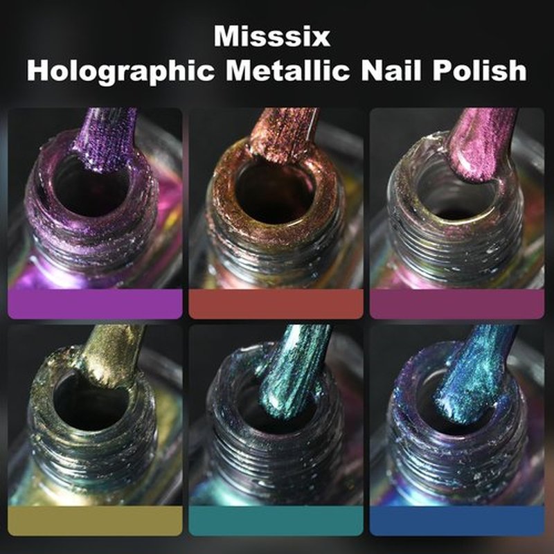 Misssix Nail Polish Set 6 Colors 5ml Holographic Metallic Lacquer Quick Dry Nail Polish Long Last Fingernail Toe Nail Art for Women Girls Home Salon