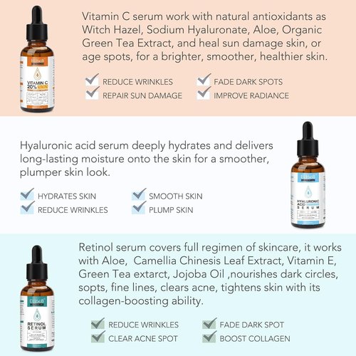 Age Defying Facial Serum - Vitamin C, Retinol & Hyaluronic Acid Serum Set for Wrinkles, Fine Lines, Skin Firmness & Moisture Retention - Collagen Boost & Deep Nourishment