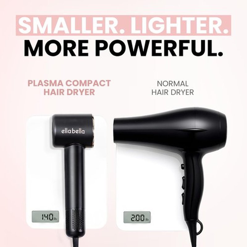 ELLA BELLA® Compact Plasma Hair Dryer, Advanced Plasma Technology Blow Dryer with Digital Display, Rapid Drying, Low Noise, & Luxury Velvet Travel Bag - Includes Diffuser & Nozzle- for All Hair Types