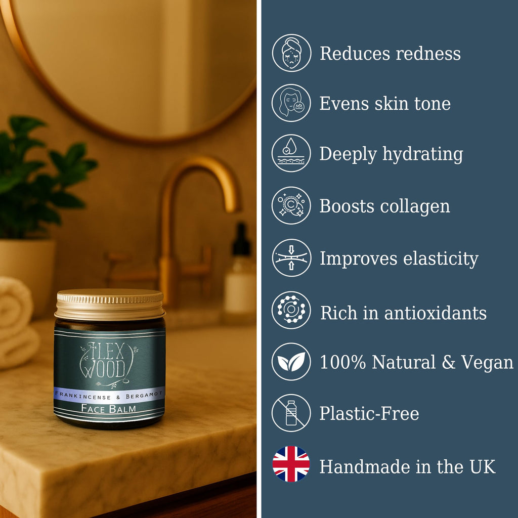 The Ilex Wood - Frankincense and Bergamot Face Balm - 100% Natural, Vegan, Moisturising, Anti Ageing, Wrinkle and Line Reducing Ingredients, Cruelty Free - 60ml (2.03 fl oz)