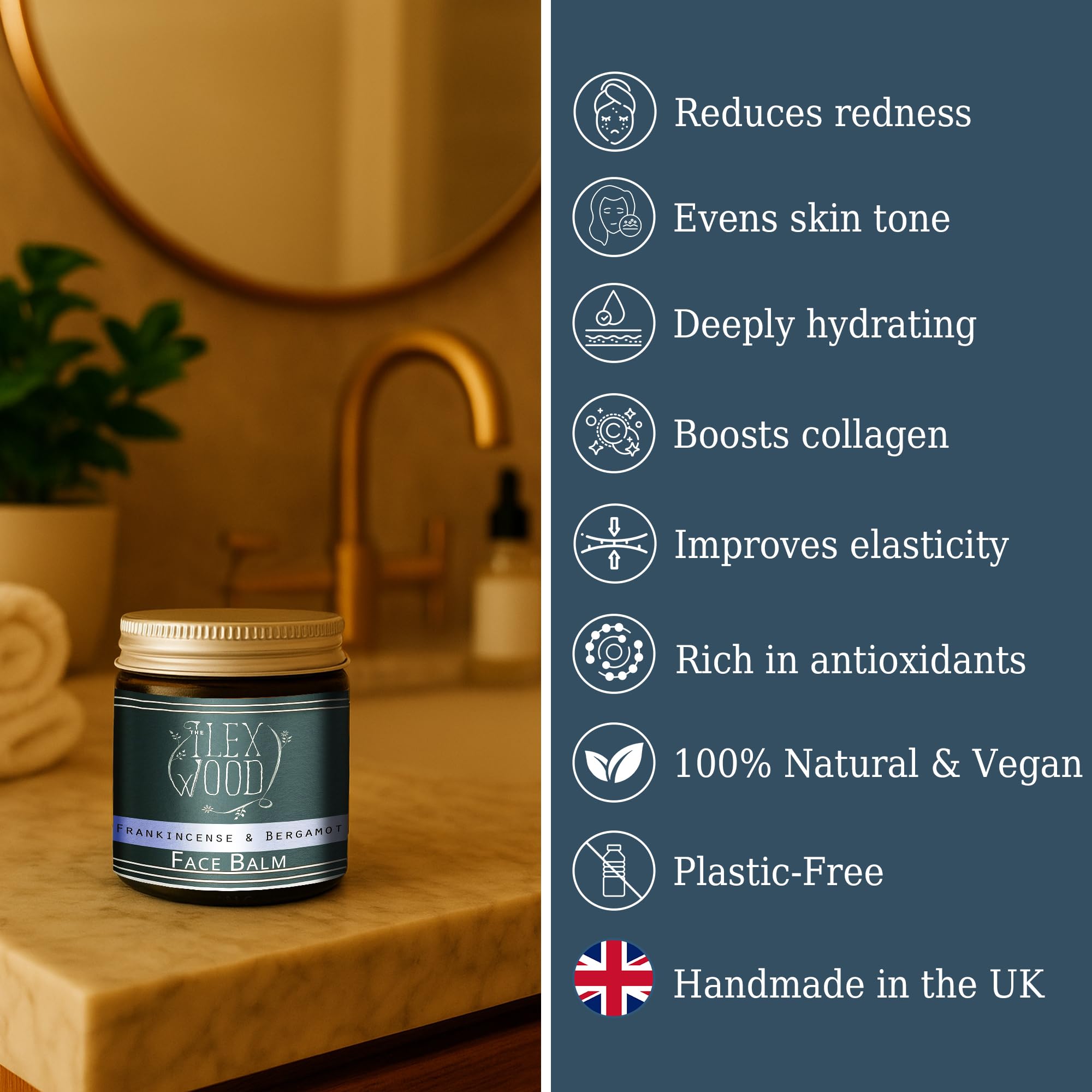 The Ilex Wood - Frankincense and Bergamot Face Balm - 100% Natural, Vegan, Moisturising, Anti Ageing, Wrinkle and Line Reducing Ingredients, Cruelty Free - 60ml (2.03 fl oz)