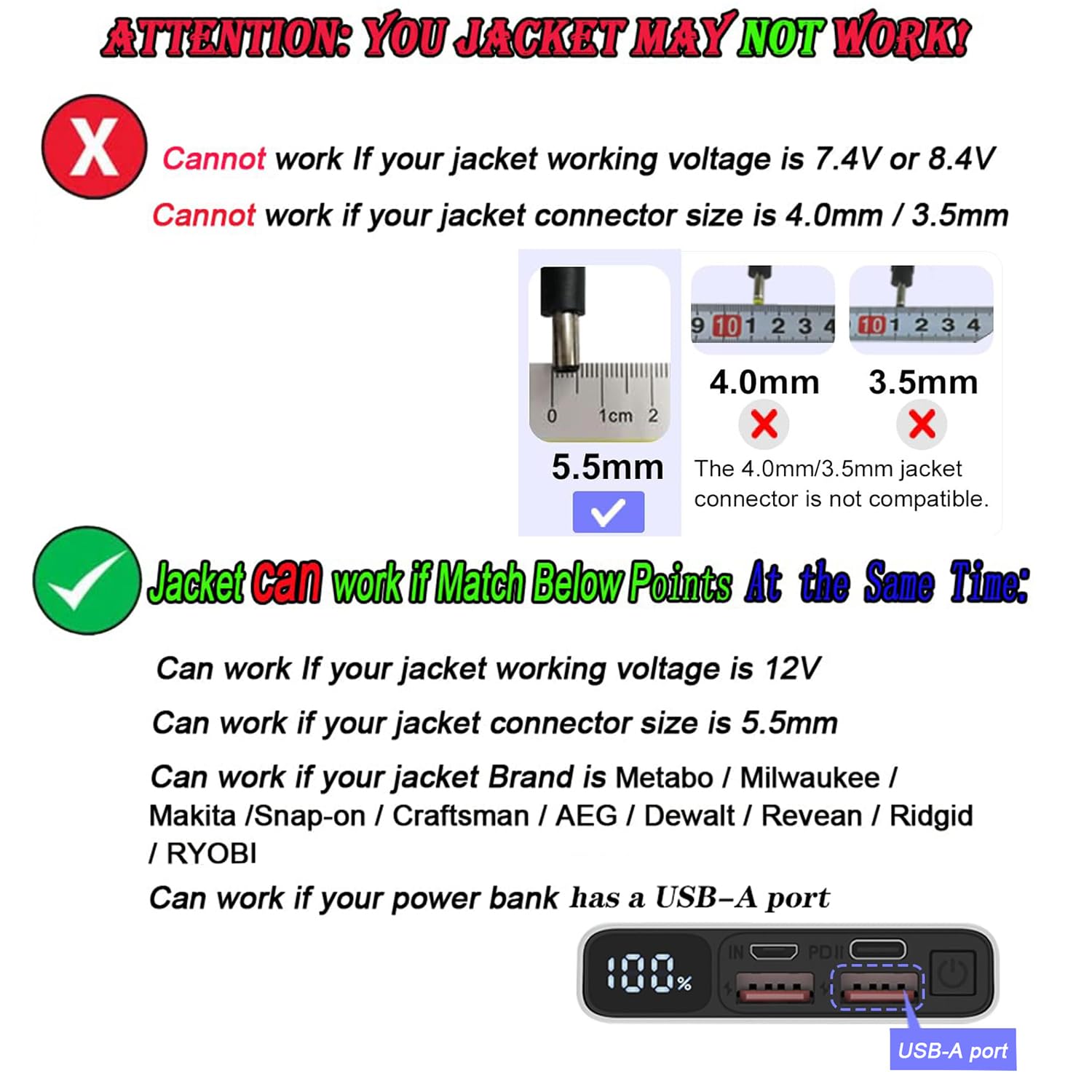 HUZUM Heated Jacket Adapter Charger USB Voltage Step Up Cable for Metabo, Milwaukee, Dewalt, Makita, Snap-on, Revean, Craftsman,Ryobi, Rigid, AEG(USB Step-Up Cable Only Working for 12V Jackets)