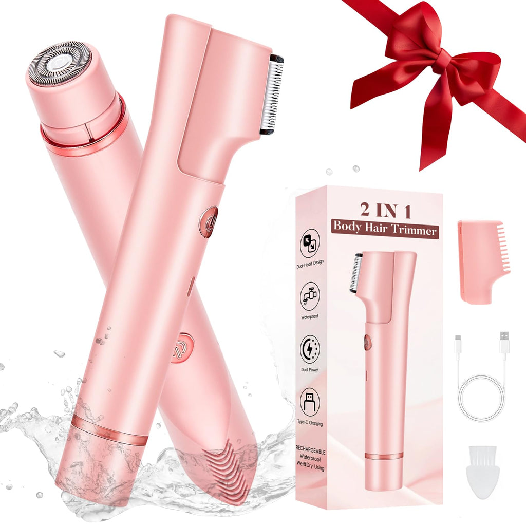 2-in-1 Electric Bikini Trimmer for Women, Dual Head Women’s Shaver & Razor, IPX7 Waterproof Cordless Hair Removal, Rechargeable Ceramic Blade Kit for Face Pubic Legs Underarm, Pink