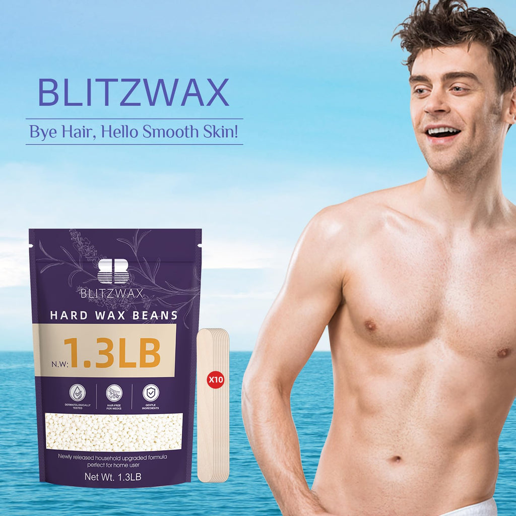 BLITZWAX Hair Removal Hard Wax Beads Unscented 1.3lb Waxing Beans Kit with 10 Wooden Sticks for Sensitive Skin, Face, Back, Body, Brazilian and Coarse Hair, Home Wax Pearls for Men Women, White