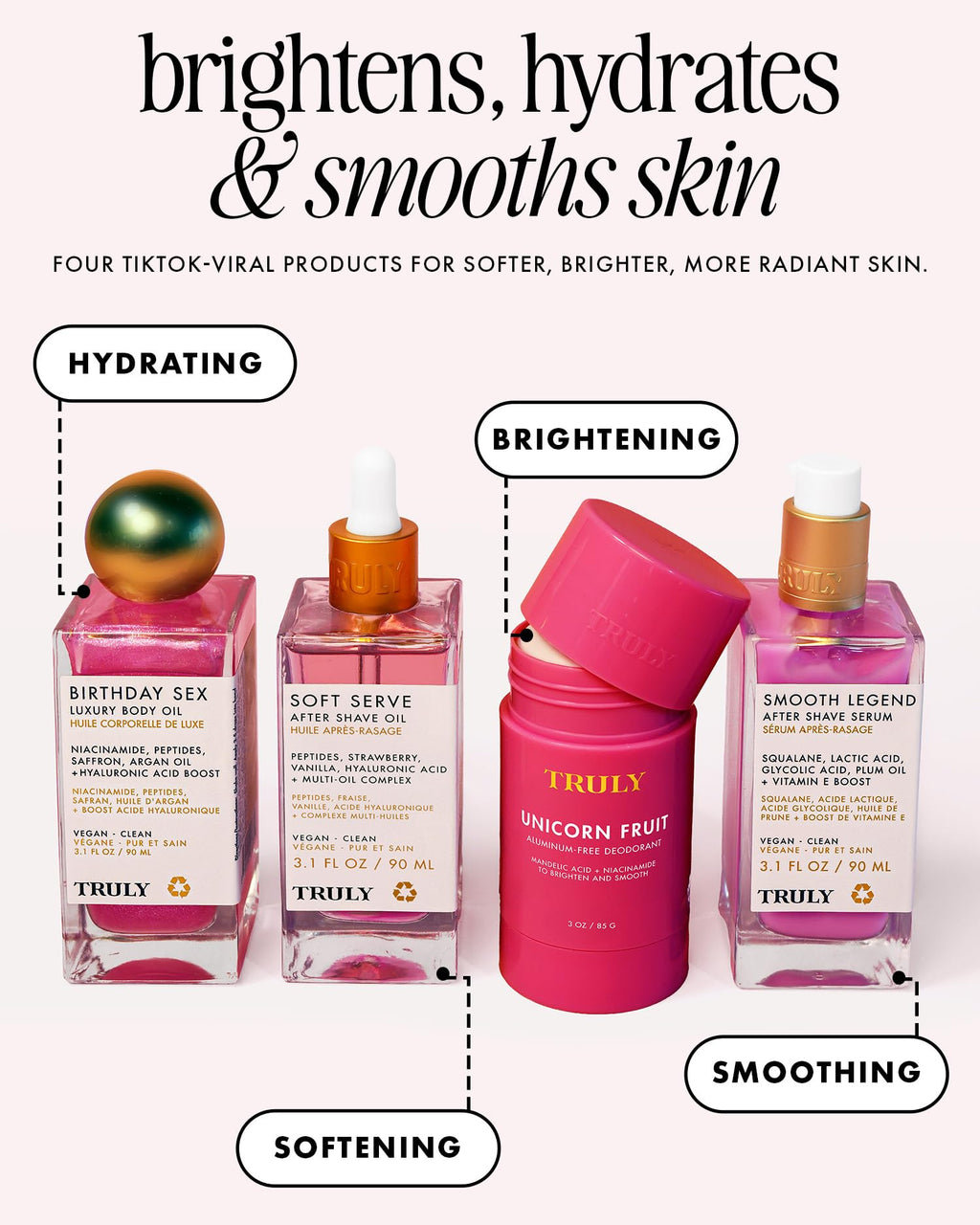 Truly Beauty The Viral Edit | TikTok Viral 4-Piece Glow & Hydration Set | Soft Serve After Shave Oil, Birthday Sex Body Oil, Smooth Legend Serum & Unicorn Fruit Deodorant