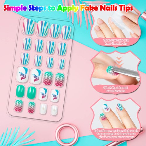 240 Pieces Press on Nails Girls Fake Nails for Kids Artificial Kids Press on Nails Full Cover Short Acrylic Stick On Nails False Nail Tips Kit for Children Little Girls Nail Art Decoration