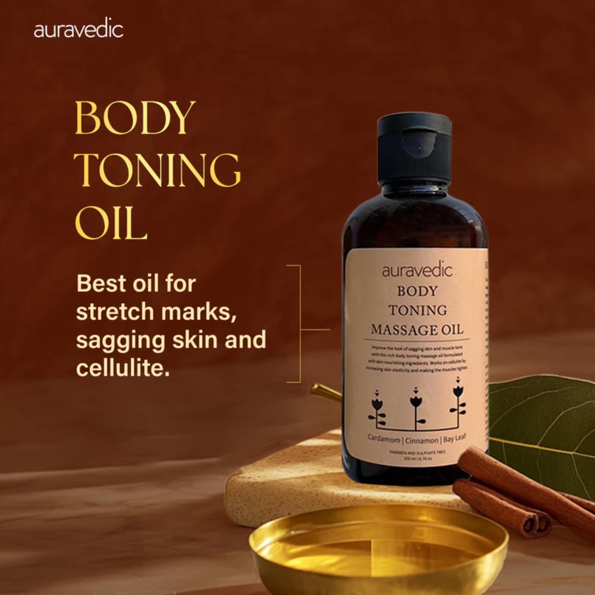 Auravedic Firming Toning Body Massage Oil | Helps Smooth Stretch Marks & Sagging Skin | Ayurvedic Blend with Cinnamon, Cardamom & Bay Leaf | for Thighs, Legs & Belly | 6.76 Fl Oz (200ml)