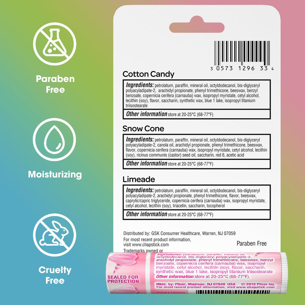 ChapStick Lip Balm, Vacation Getaway Collection (Snow Cone, Limeade, and Cotton Candy) + 2 Cotton Candy, 0.15 Oz Ea (5 Piece Set), Hydrating, Replenishing, Soothing, Repairing