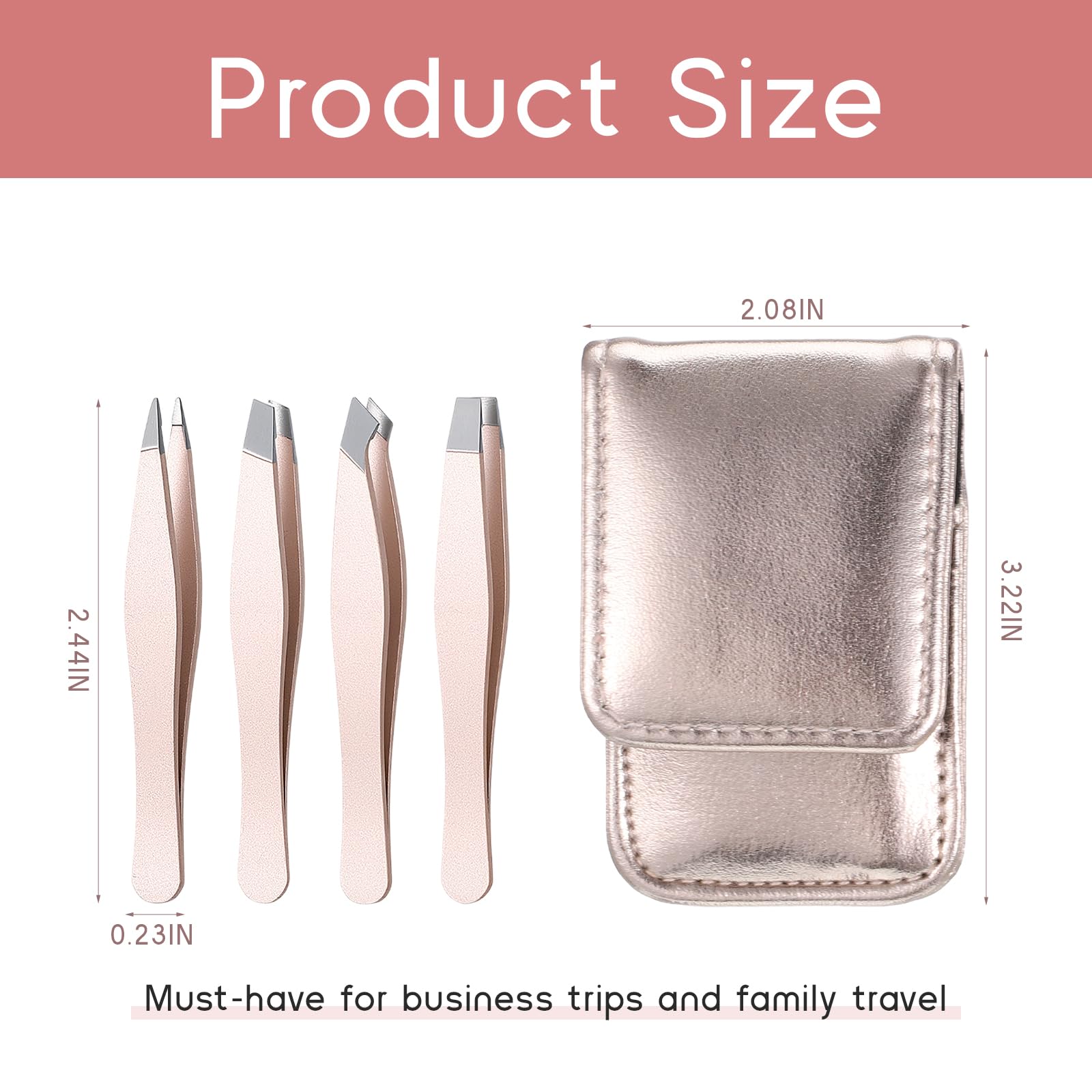 4 Pcs Mini Stainless Steel Eyebrow Tweezers Set with Leather Travel Case Gold Precision Tweezers for Eyebrows Small Portable Hair Eyebrow Tweezer for Women Men Facial Hairs Plucking Removal