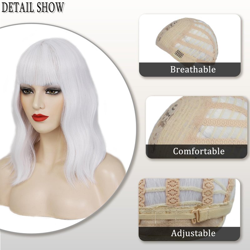 White Bob Wig with Bangs Short Wavy Wig for Women Loose Wavy Shoulder Length Colorful Synthetic Wig for Girl Cosplay Costume Wigs
