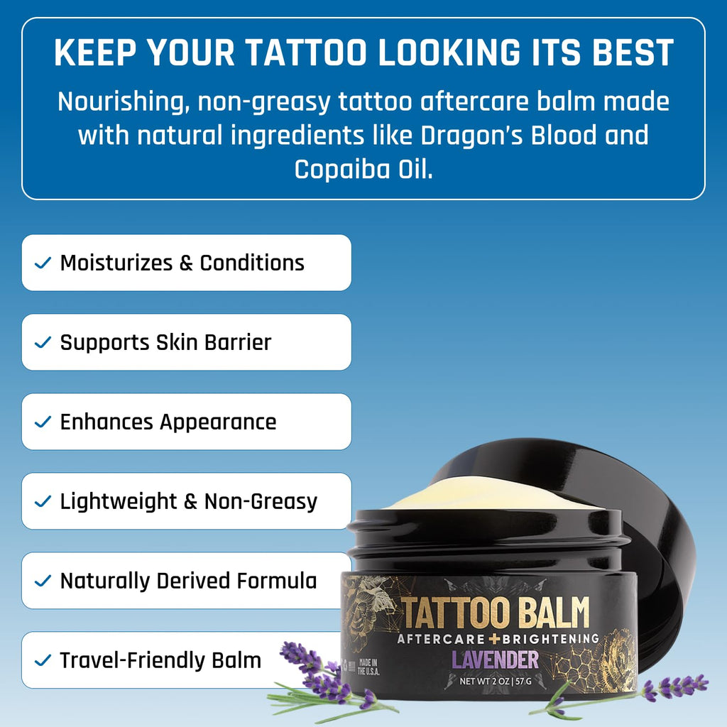 Derm Dude Tattoo Aftercare Brightening Balm | Moisturizing Balm to Protect & Rejuvenate New & Existing Tattoos | Non-Greasy Formula with Dragon's Blood, Shea Butter & St John's Wort, Lavender 2oz
