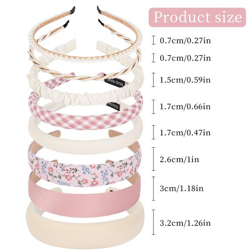 LYroo Headbands for Women Girls Non Slip - 8 Pack Wide Padded Headband Cute Floral Headbands Fashion Pearl Beaded Thin Head Bands Trendy Hair Accessories(White & Pink)