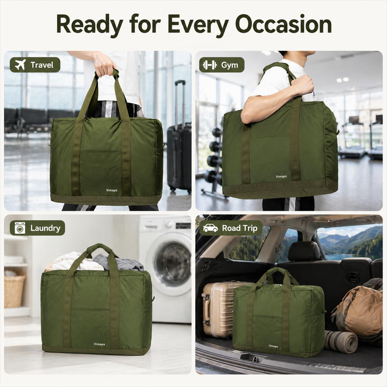 Vimapo Foldable Travel Duffle Bag with Trolley Sleeve 40L Capacity, Lightweight Packable Travel Duffel Bags with the Keyhole Zipper, Weekender Overnight Nylon Carry on Bag for Men & Women, Army Green
