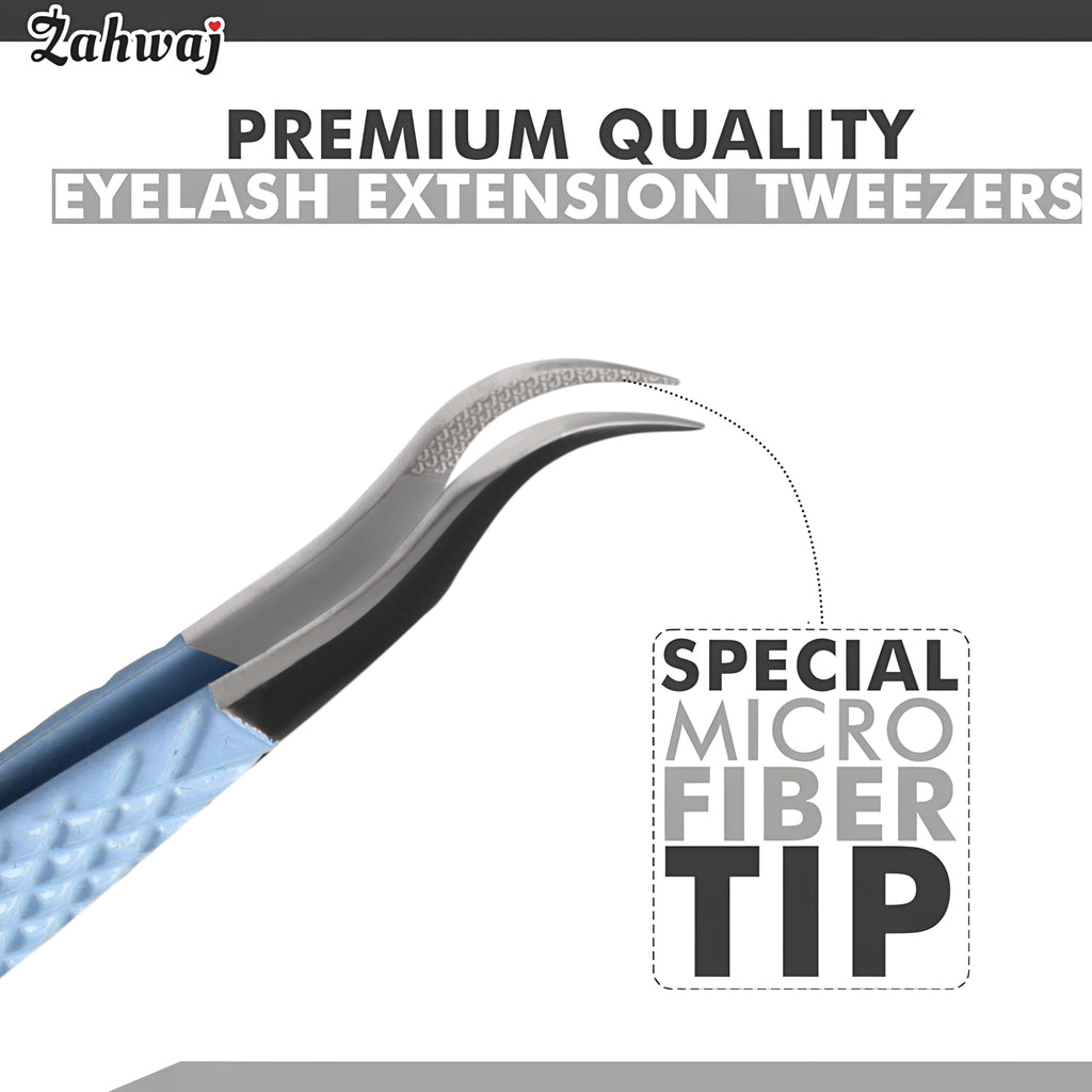 ZAHWAJ Fiber Tip Lash Tweezers - Set of 5 Diamond Grip Eyelash Extension Tweezers, Japanese Stainless Steel Tweezers Set for Volume, Isolation & Classic Lashes (Blue)