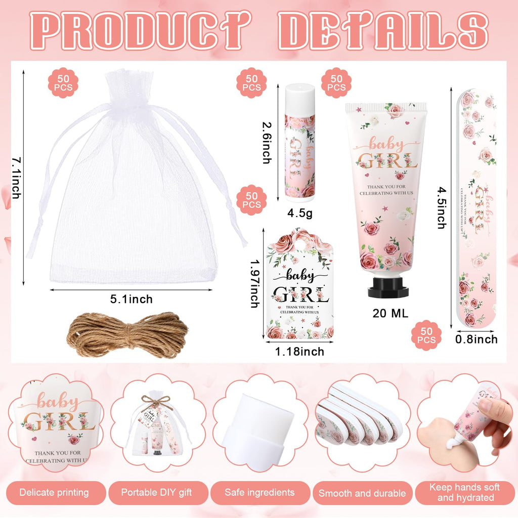 Leelosp 50 Sets Baby Shower Favors for Guests Baby Shower Hand Cream and Lip Balm Bulk Gift Set Thank You Gift Travel Size Hand Lotion Lip Balm with Nail File Party Favors