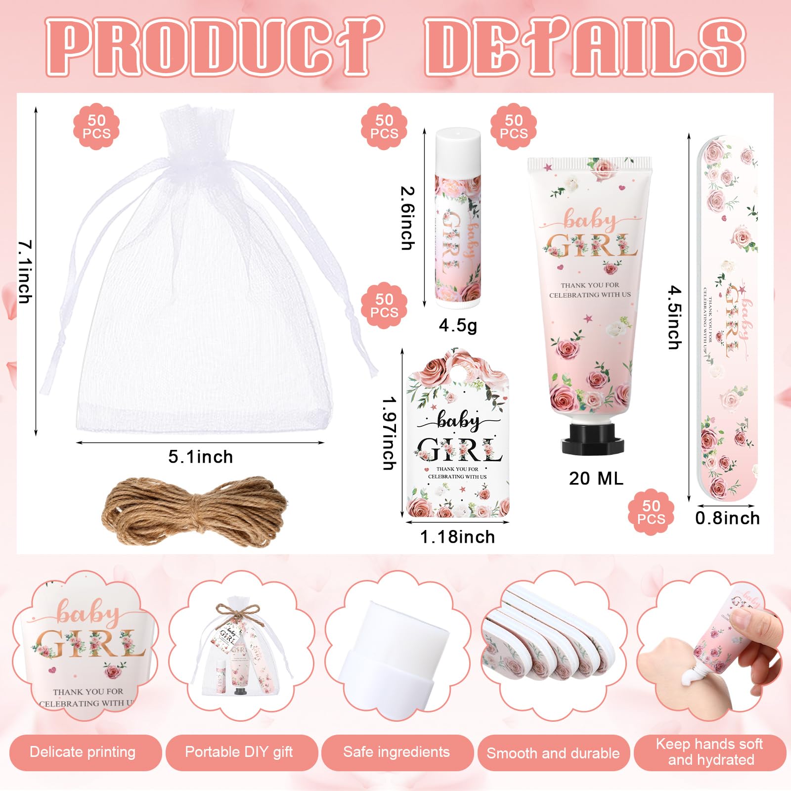 Leelosp 50 Sets Baby Shower Favors for Guests Baby Shower Hand Cream and Lip Balm Bulk Gift Set Thank You Gift Travel Size Hand Lotion Lip Balm with Nail File Party Favors