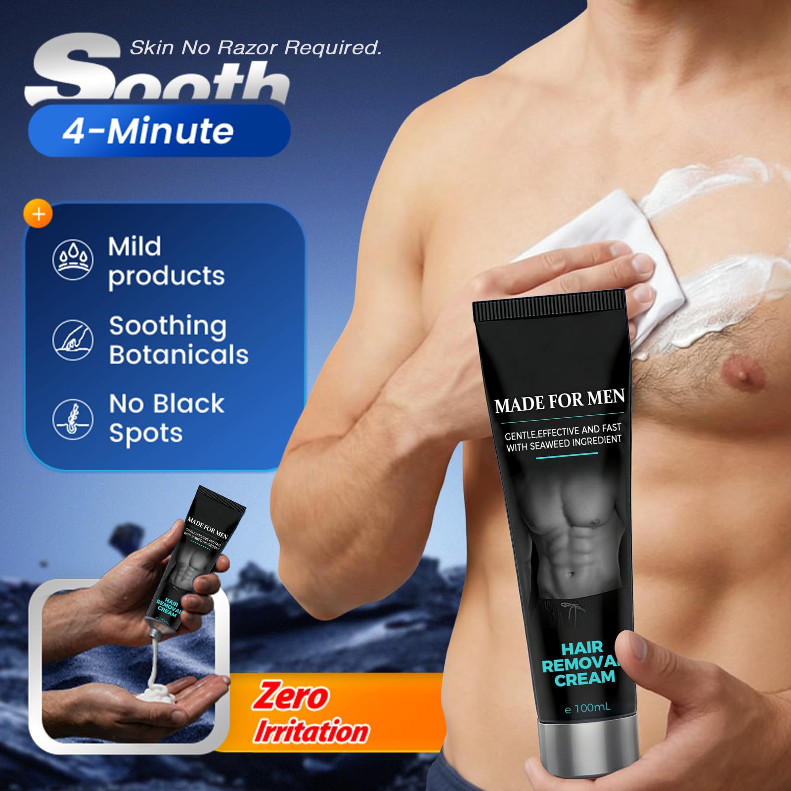 Men’s Hair Removal Cream, Body Grooming Cream for Men, Gentle Formula for Arms, Legs, Chest & Underarms, Easy Rinse-Off Body Hair Removal Cream, 100ml (2)