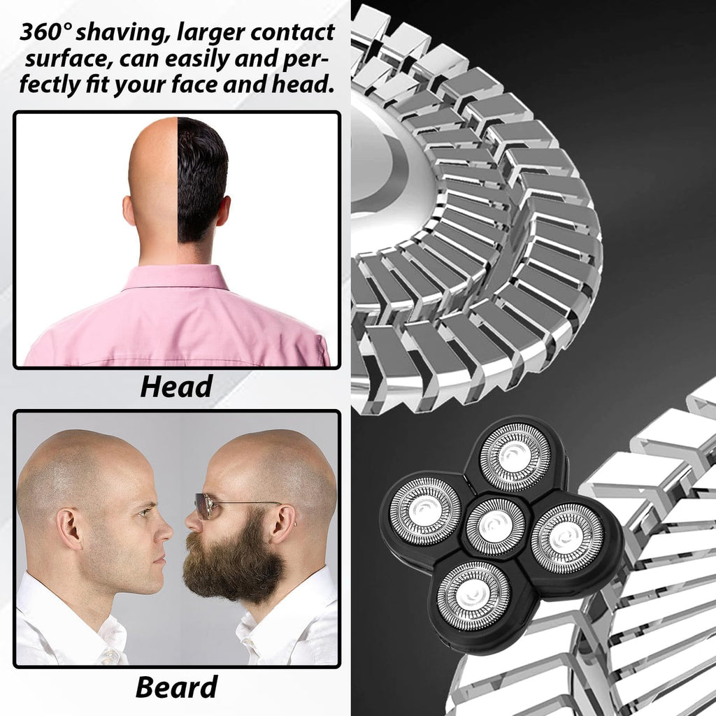 5 Replacement Heads for Universal Series Head Shaver, Waterproof Blade Electric Bald Men Freedom Grooming Waterproof Razor Refills Rotary Heads Design + 2 Cleaning Brushes for Father Husband Partner