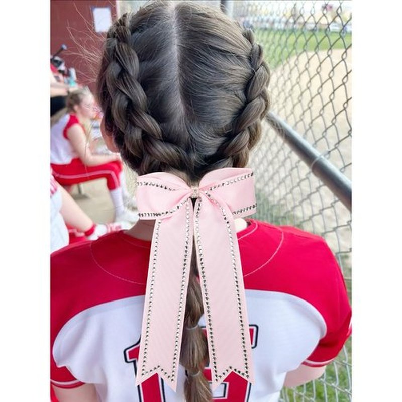 DEEKA Long Tail Rhinestones Cheer Bows 12 PCS Collegiate Style Cheer Bows Full Rhinestone Skinny Cheer Bow Ponytail Holder Handmade Bows for Girls Teens Cheerleader Sports (Light Pink)