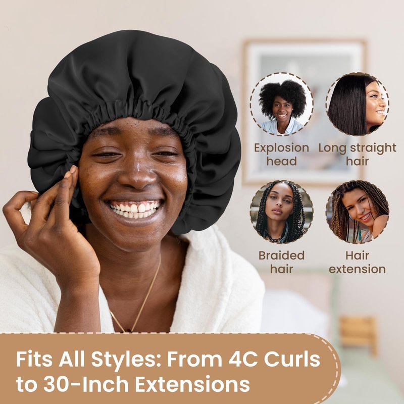 Zixsavk Adjustable Double Layer Silk-Satin Hair Bonnet for Women - Sleep Hair Protector Ideal for Natural Curly Hair, Anti-Frizz & Moisture Retention (black,Large)