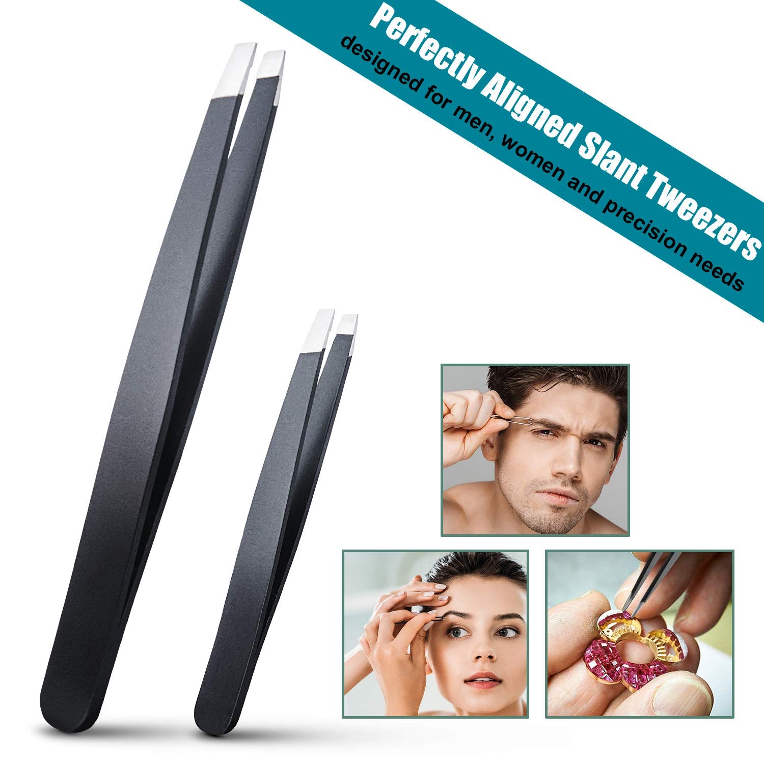 LePinko 2PCS Tweezers Set for Women and Men, Precision Tweezer kit for Ingrown hair, Facial Hairs, Chin Hair, and Splinter Removal, Professional Eyebrow Plucker Tweezers, Black