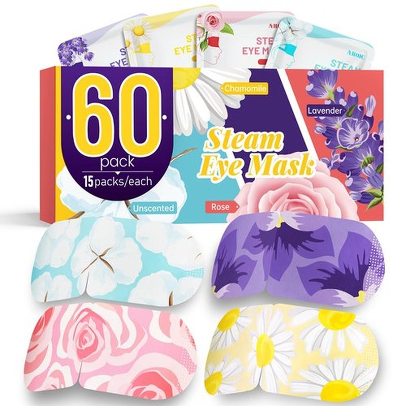 60 Pack Steam Eye Masks Disposable for Dry Eyes, Heated Eye Mask Warm Compress for Eyes, Relaxation Mothers Day Gifts Self Care for Women, Spa Travel Essentials - Lavender, Unscented, Chamomile, Rose