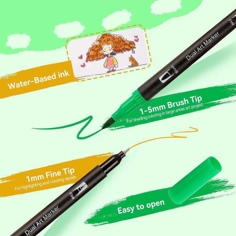 Dual Tip Markers for Adult Coloring Books No Bleeding – Gel Acrylic Paint (Fine & Brush) Pen for Drawing, Rock Painting, Journaling, Art Marker Pencil Set for Teens Calligraphy, Drawing,12 Colors