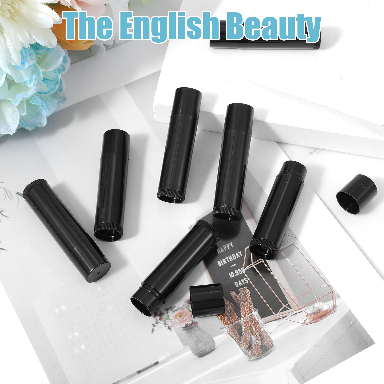 PercyEffie 100Pcs Plastic Lip Balm Tubes 5ml/5g lip balm tubes empty lips balms containers empty Black chastick containers with Filling Tray and Spatula, Rotating Type Refill Lips with Cap