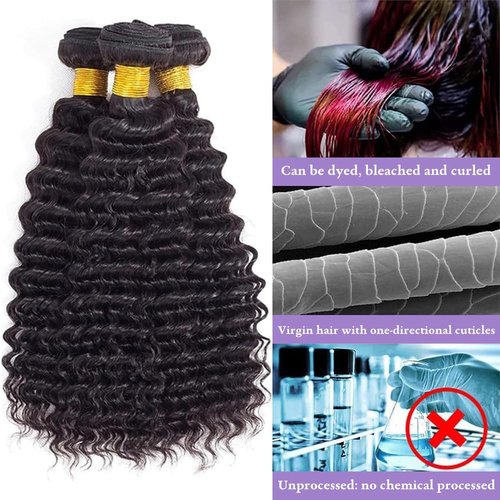 Human Hair Bundles Deep Wave Curly Bundle Human Hair Brazilian Virgin Hair 16 18 20 Inch 3 Bundles for Women 10A Grace Unprocessed Deep Curly Hair Bundle Weave Extensions Natural Black