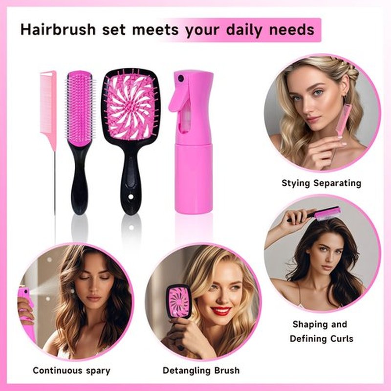11 Pcs Hair Brush Set, Detangle Hair Brush And Spray Bottle, 3 Pieces Smooth Hairbrush For Toddlers, Suitable For Wet and Dry Hairstyles, Suitable For Adults And Children. (Pink)