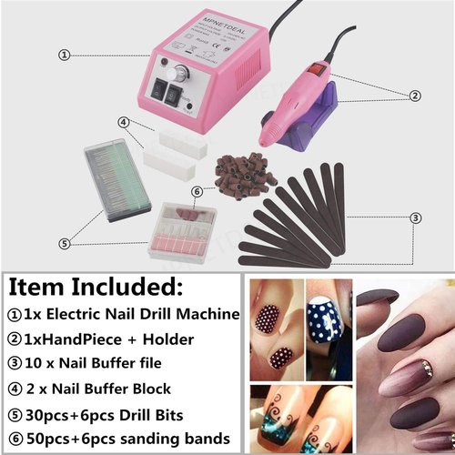 MPNETDEAL Electric Nail Drills Machine e File buffers Sanding Bands Bits for Acrylic Nails Gel Polish Glazing Art Set Polisher Grinder Filer Manicure Pedicure Kit máquina uñas acrilicas Pink