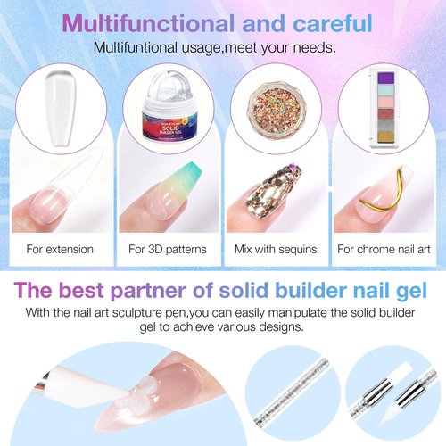 GELLAKTIK All-in-One Solid Builder Nail Gel Kit: 60g Hard Gel with 3D Mold, 6-Color Powders & Nail Art Tools (Nail File, Cuticle Pusher, Pen), Non-Sticky for Nail Extension, DIY Salon, UV/LED Cured