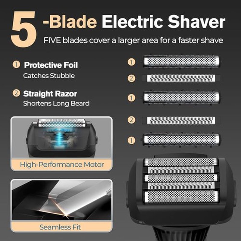 Skiennix 5-Blade Cordless Electric Razor - 2-Speed Wet/Dry Shaver for Coarse Hair | USB-C Fast Charging, 100 Min Runtime