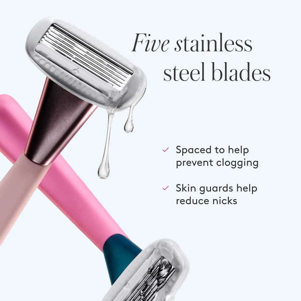 Athena Club Women’s Razor Kit, 5-Blade Cartridge Razor for Sensitive Skin, Serum-Infused Blades with Shea Butter and Hyaluronic Acid, Includes Handle, 5 Refills and Magnetic Shower Hook - Pool Party