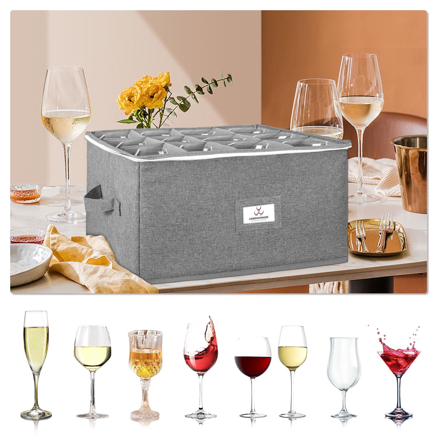 BOHEMIABY Wine Glass Storage Box Holds 12 - Stackable Hard Shell Organizer with Adjustable Dividers for Champagne Flutes & Crystal, Label Window, Durable Protector Case