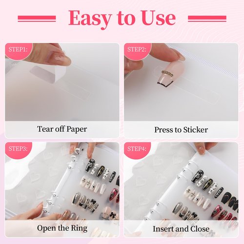 ASTONFOG Press On Nail Storage Organizer Binder with 8 Insert Pages - A5 Size & Double Sized Tape, Press on Nails Display Storage Book, Reusable Fake Nail Swatch Collecting Book (White)