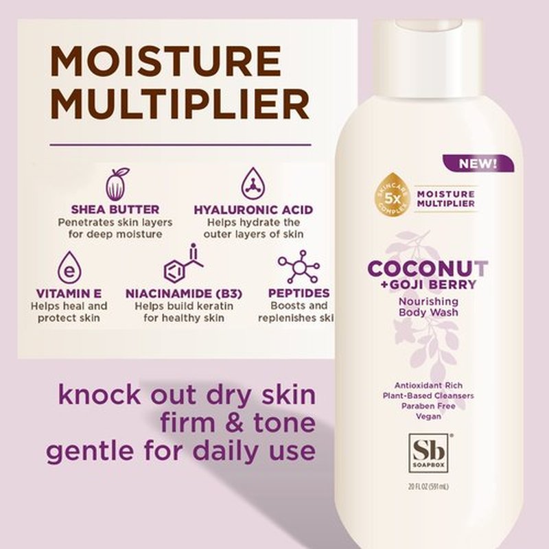 Soapbox Body Wash Refill, Coconut + Goji Berry Body Wash Refill Pack, Bulk Soap Pouch, Vegan + Antioxidant Rich Moisturizing with Shea Butter, Peptides & Keratin Promoting B3, 40oz