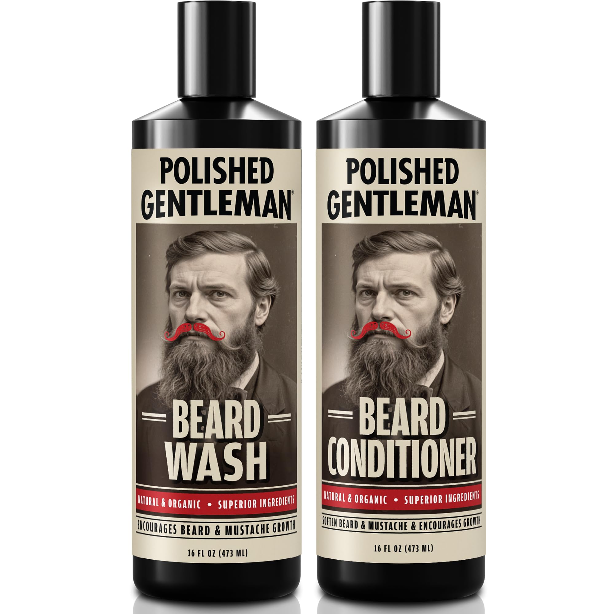 Polished Gentleman Beard Wash & Beard Conditioner Set - Biotin, Tea Tree, Aloe Vera, Manuka Honey, Argan Oil – Softens, Smooths & Hydrates Facial Hair – Paraben & Sulfate Free Shampoo Made in USA 16oz