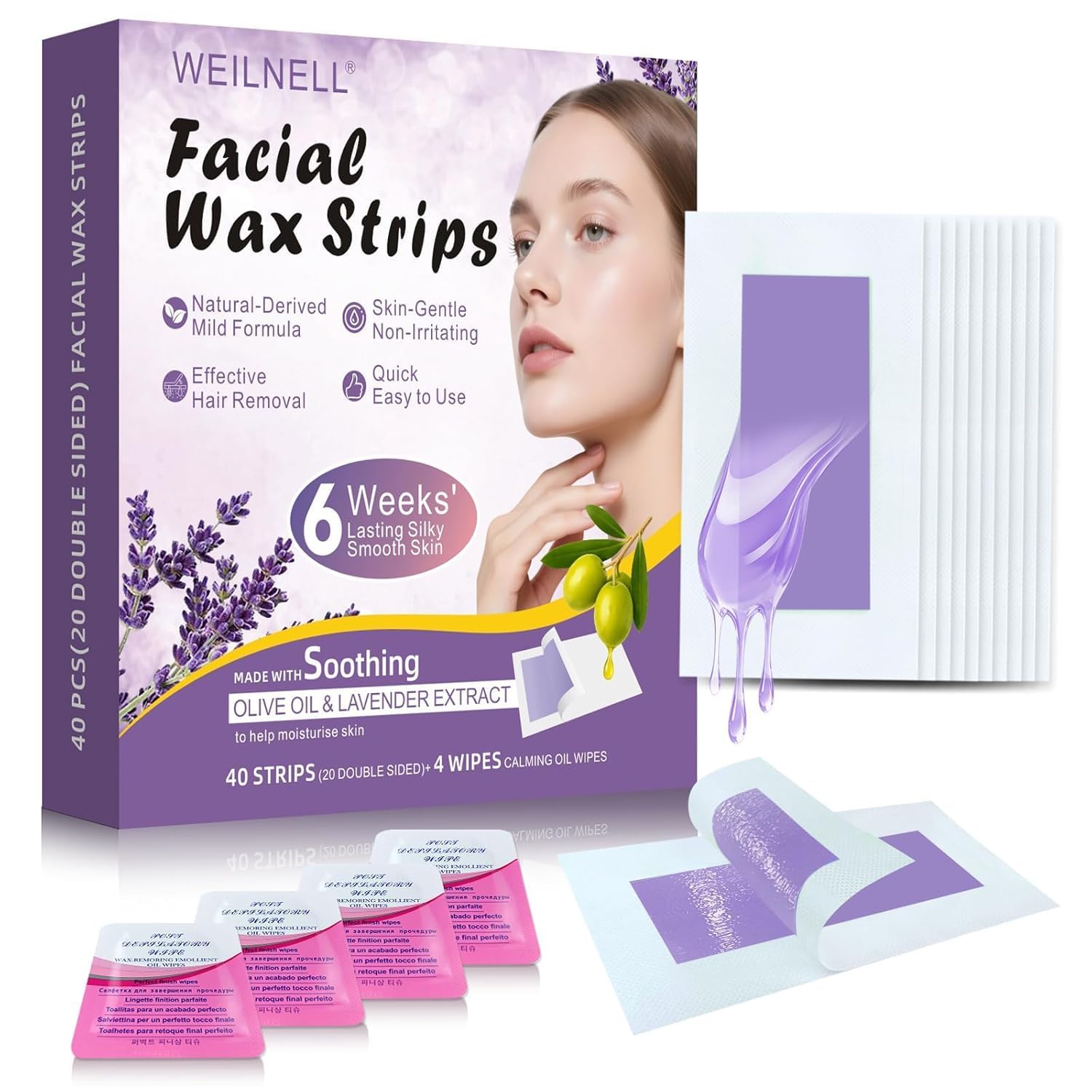 Facial Wax Strips for Hair Removal - 98% Natural Formula, Hypoallergenic for All Skin Types, Face Wax Strips for Women, Gentle & Quick Wax Strips for Face, Eyebrow, Upper Lip, Chin, Legs & Bikini Line