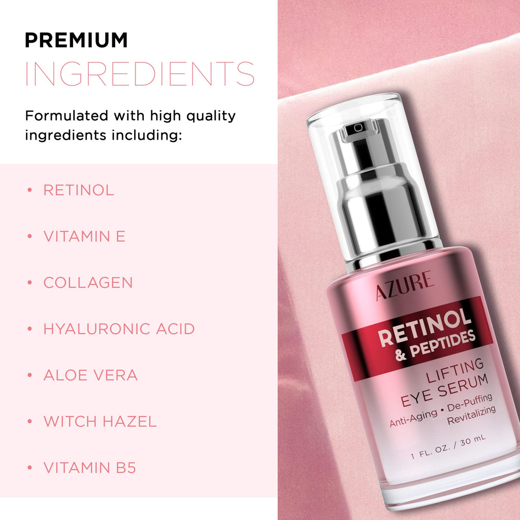 Azure Cosmetics Retinol & Peptides Lifting Eye Serum - Anti Aging, De-Puffing & Revitalizing Dark Circle Corrector - Reduces Wrinkles, Fine Lines & Under Eye Bags - Made in Korea - 30mL / 1 fl.oz.