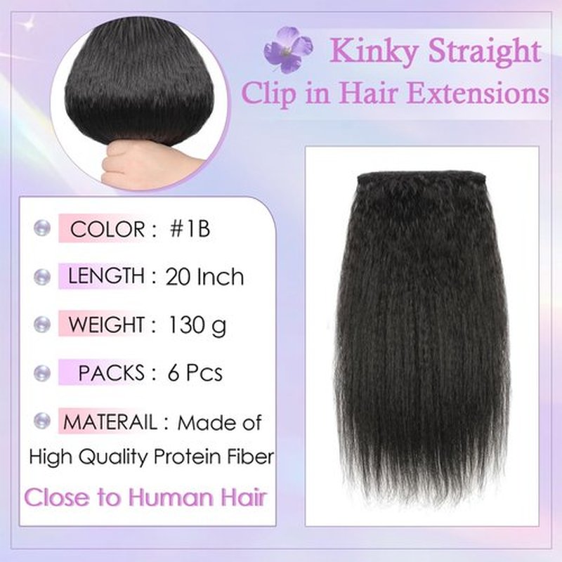 HAFTALUV Kinky Straight Clip in Hair Extensions 130g 6Pcs Protein Fiber Close to Human Hair Clip in for Black Women Full Head Double Weft 20inch 1B