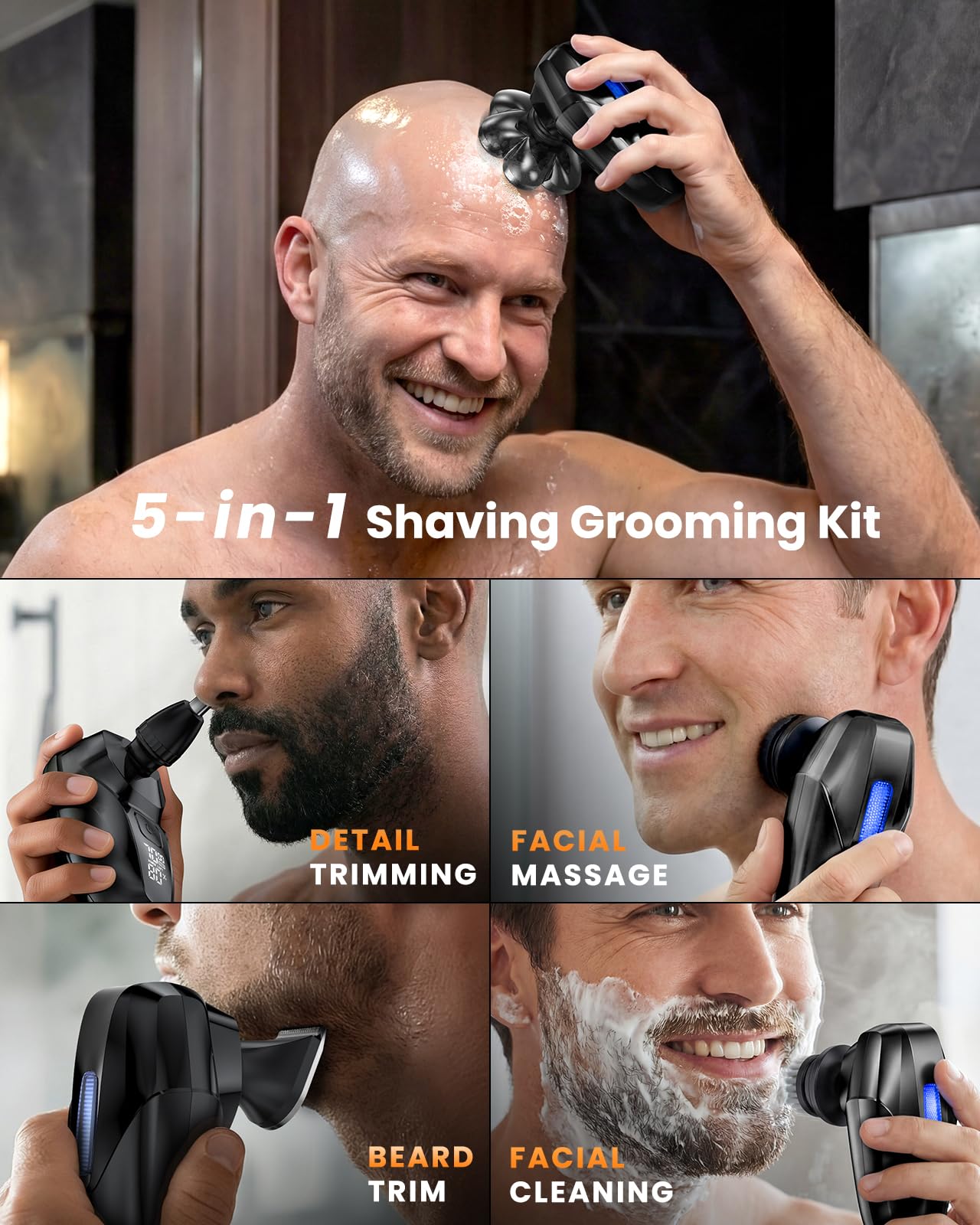 Vylto Head Shavers for Bald Men, 5-in-1 Electric Shaver Grooming Kit, 7D Floating IPX7 Waterproof Rechargeable Wet/Dry Razor for Skull Bald Head, Body Hair, with Massager, Black