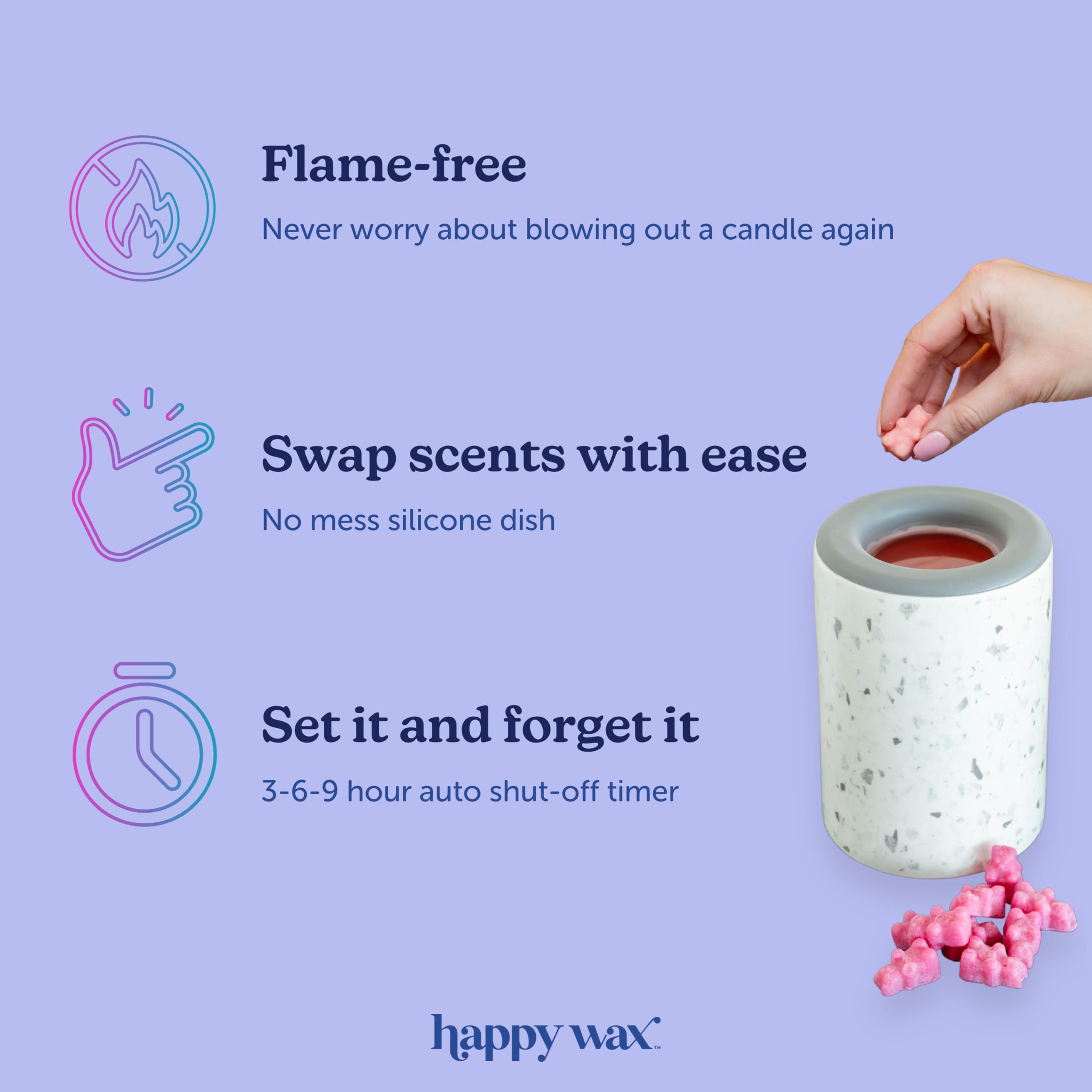 Happy Wax Iridescent Pink Signature Wax Melt Warmer for Scented Wax Melts, Cubes & Tarts – Electric Wax Melter with Automatic Timer and No Scrape Silicone Dish for Easy Wax Removal