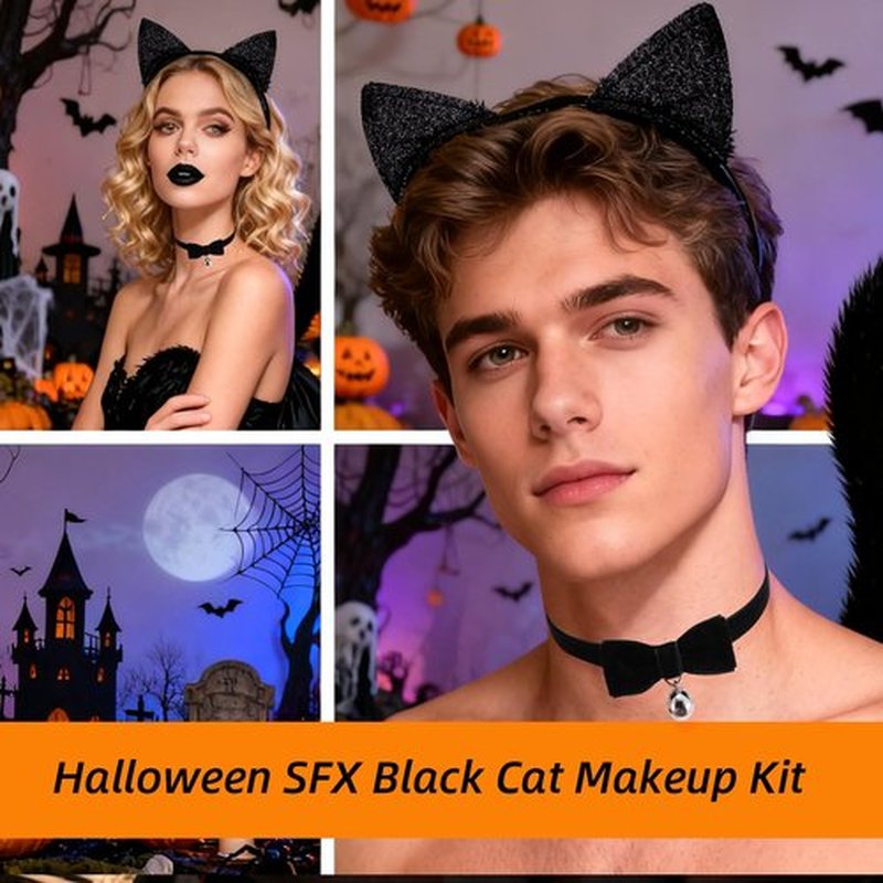 CAHOTO Halloween Black Cat Makeup Kit for Adult, Ears Headband, Black Lipstick, Eyeliner, Tail, and Bell Collar, Costume Accessories for Cosplay Party SFX Makeup