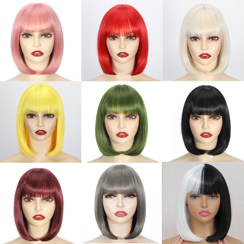 Yellow Short Bob Wig with Bangs, Synthetic Straight Hair Wigs for Women, 14 Inch Cosplay Costume Bob Wig (Yellow)